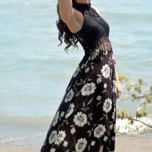 High Low Floral dress with cutout, black lace, high neck and tassles